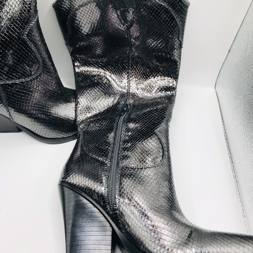 Marc fisher Metallic Snakeskin Knee-High Western Boots - Black/Silver - Picture 9 of 12